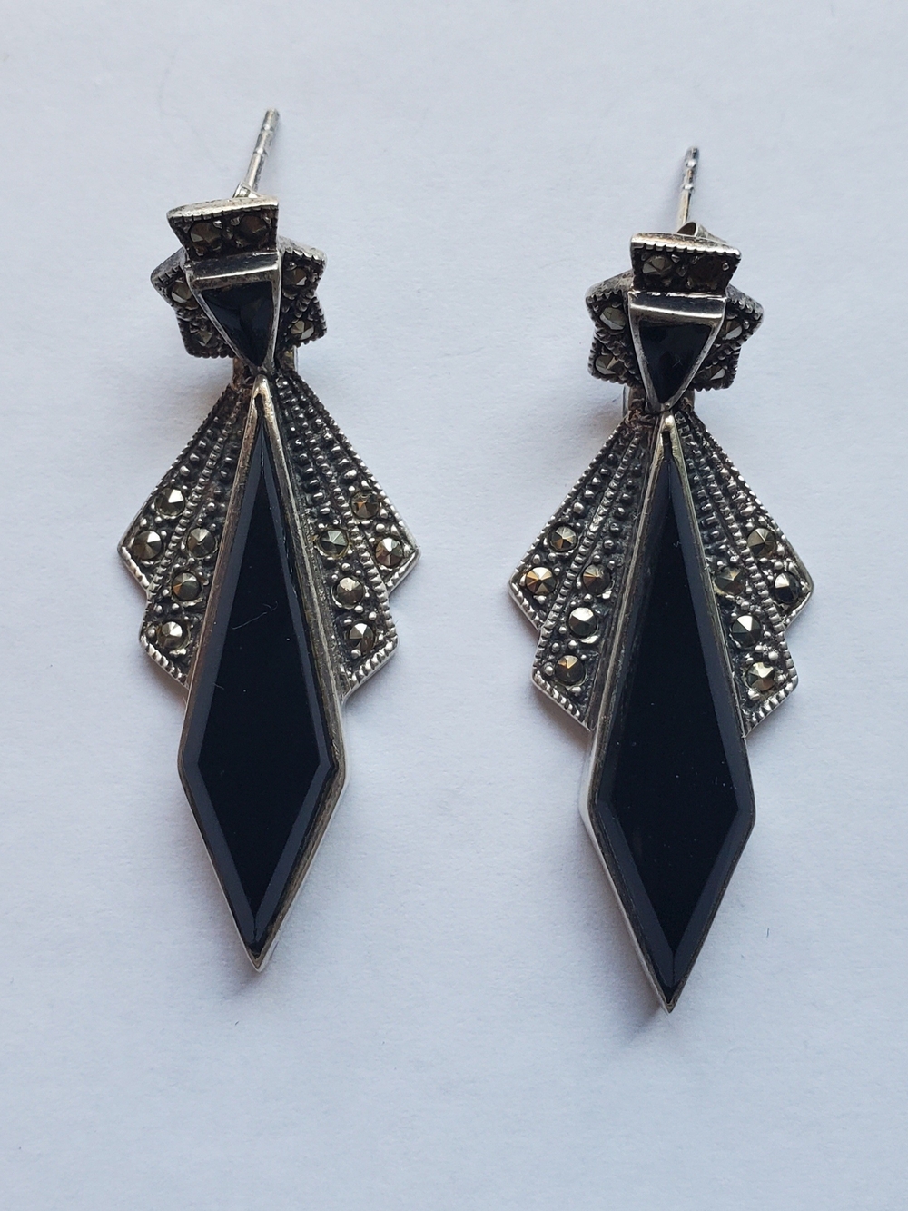 Classic Sterling Silver, Onyx and Marcasite Drop Earrings